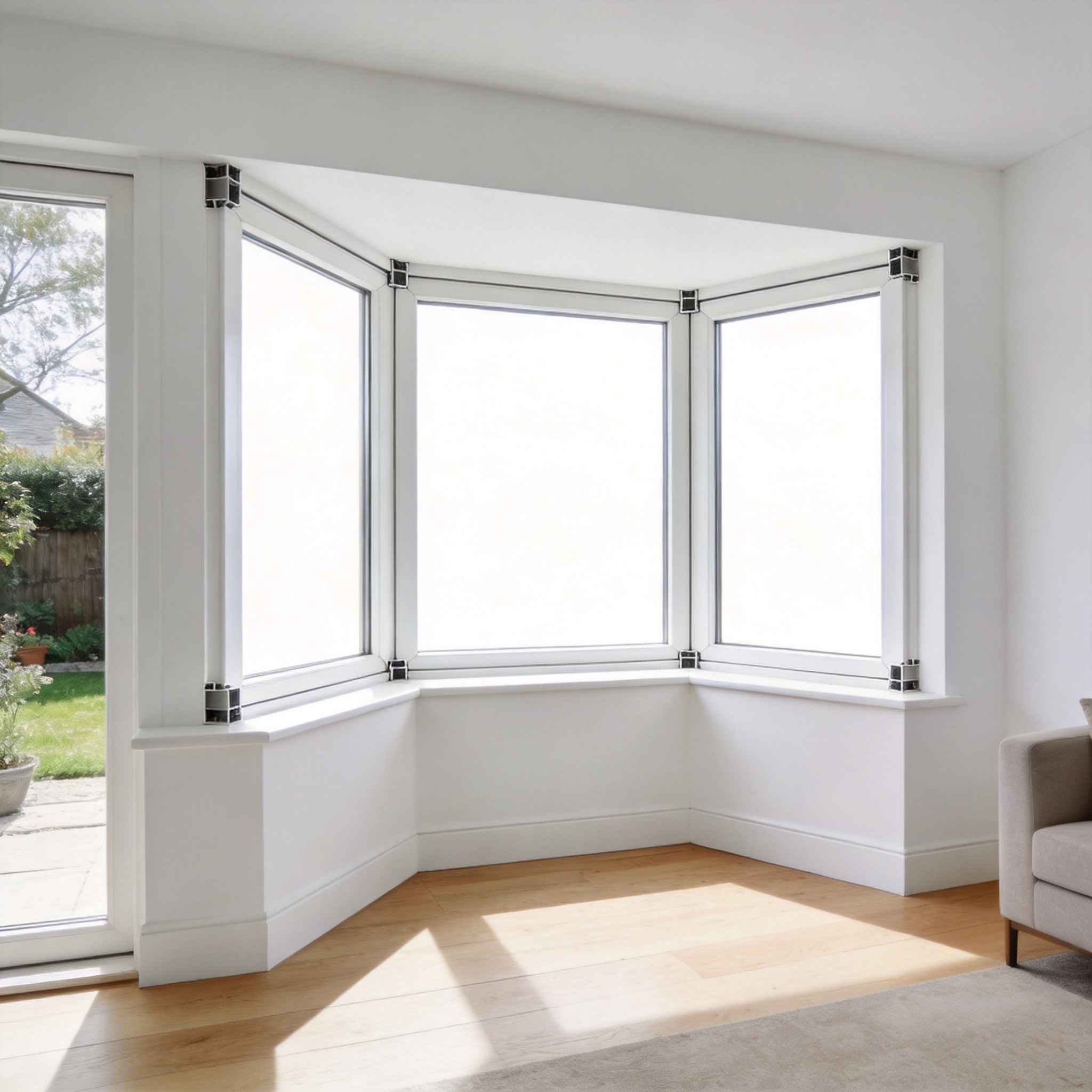 White PVC Bay Window Frame 3000x1500mm Three-Section Angled Design