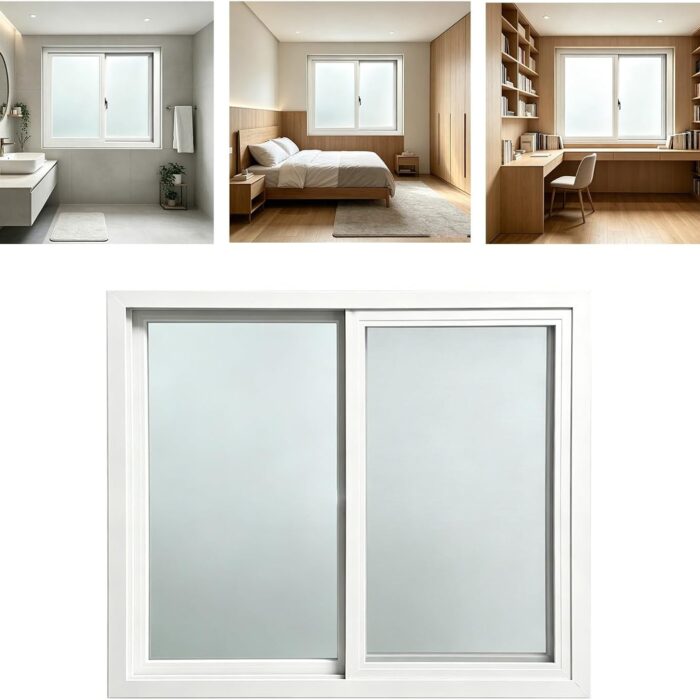 Sliding Basement Window uPVC Frame with Obscure Privacy Glass & Integrated Screen, Dual-Pane Insulated Shed Window for Bathroom & Small Room(18x22)